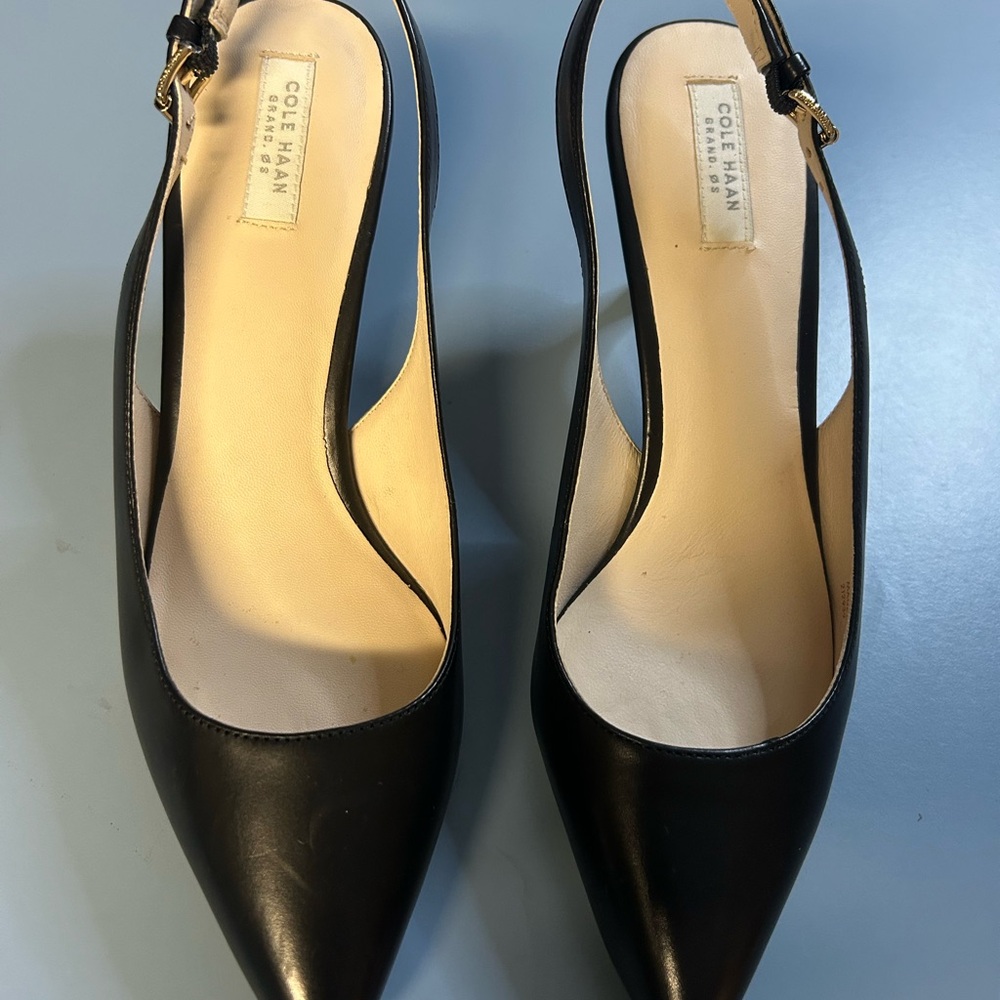 Cole Haan Women's Black Leather Pointed Toe Slingback Stiletto Buckle, Size 6B